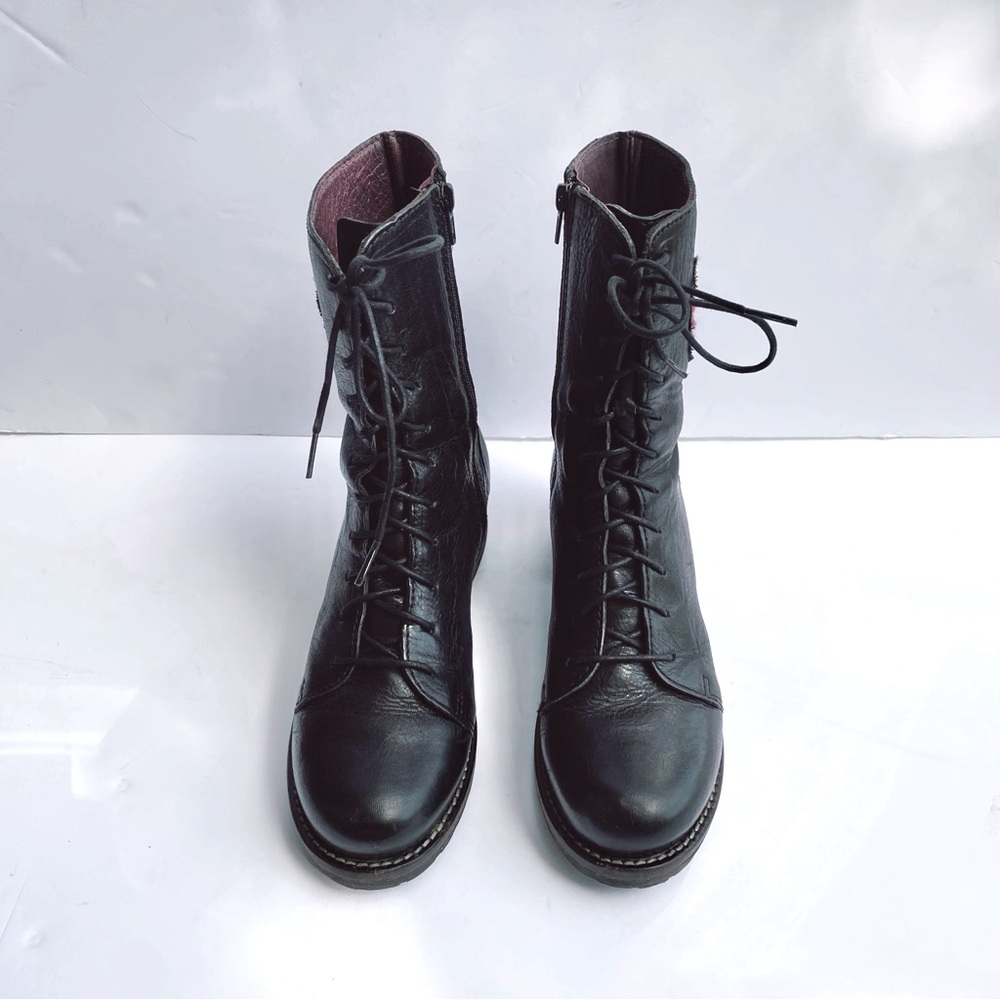 BRAKO Black Leather Moto Lace-Up Boots